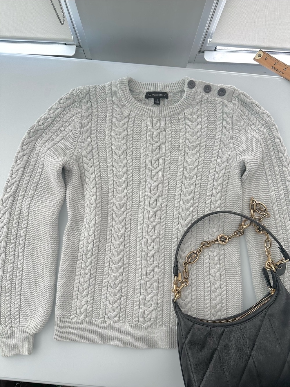 Banana Republic Women's Cream Cotton Cable Knit Button-Shoulder Sweater